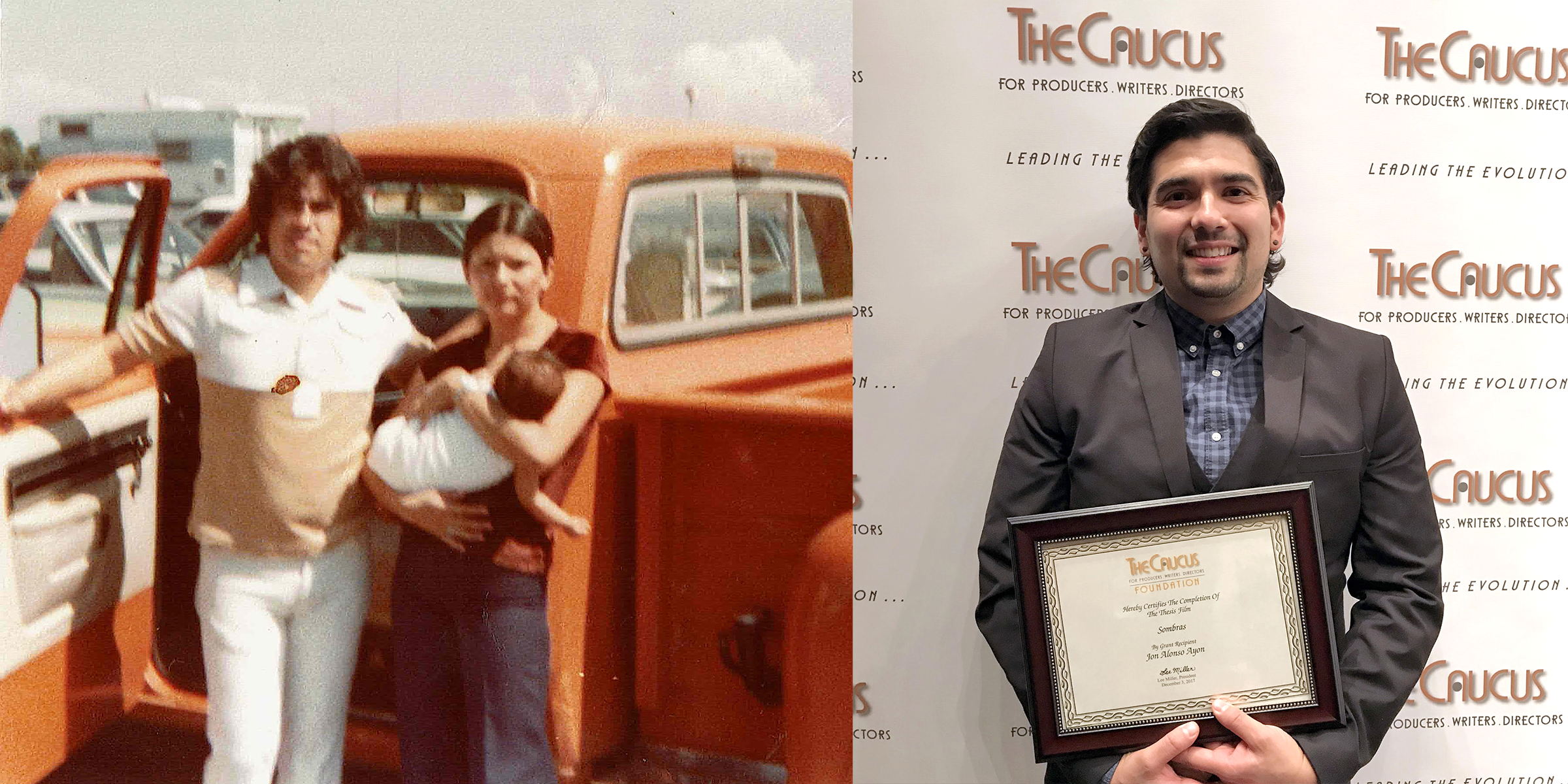 Photos of family standing outside truck and Jon Alonso Ayon holding certificate